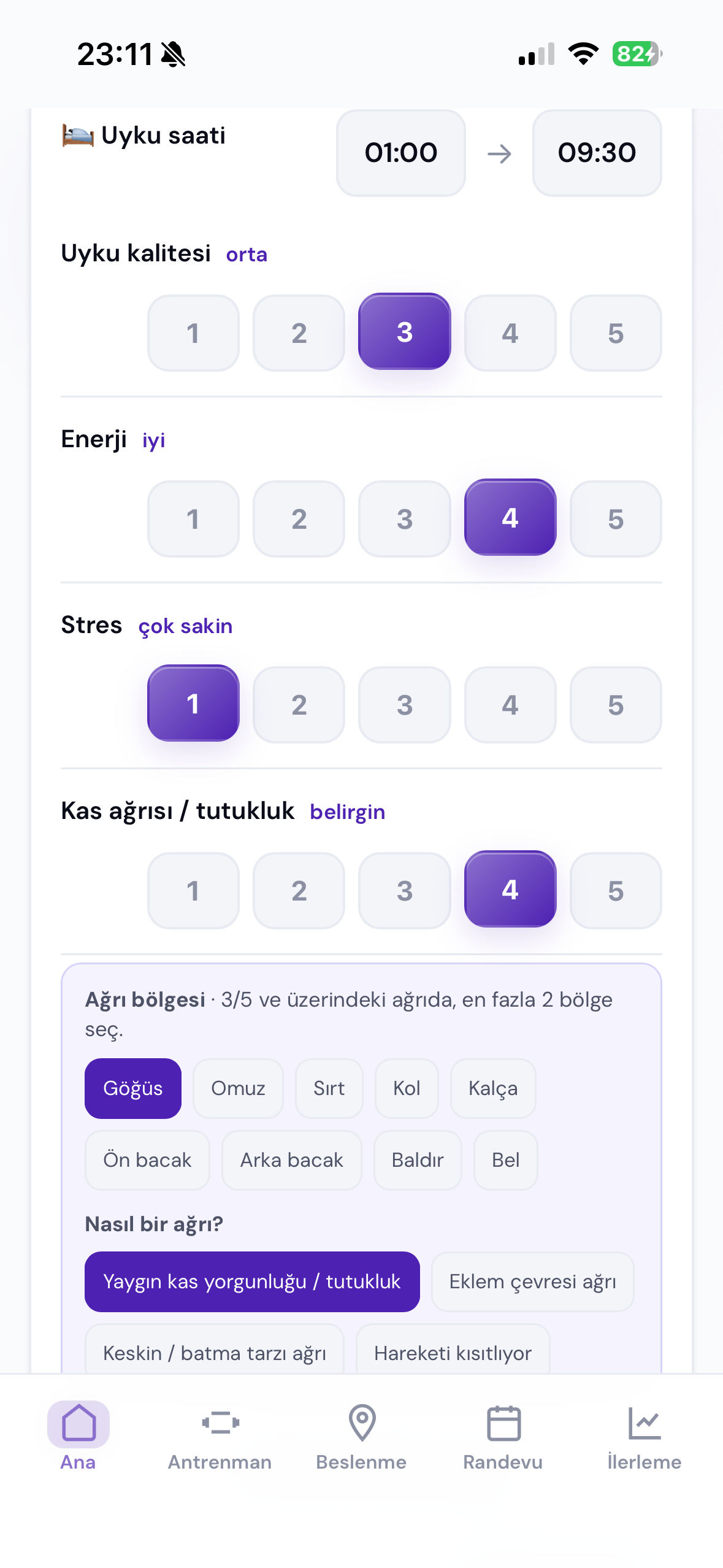 Toparlanma ve kas ağrısı takibi — uyku, enerji, stres ve ağrı bölgesi