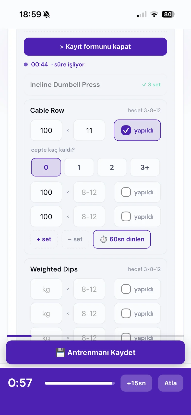 Antrenman kaydı — set, tekrar, RIR (cepte kalan) ve dinlenme sayacı